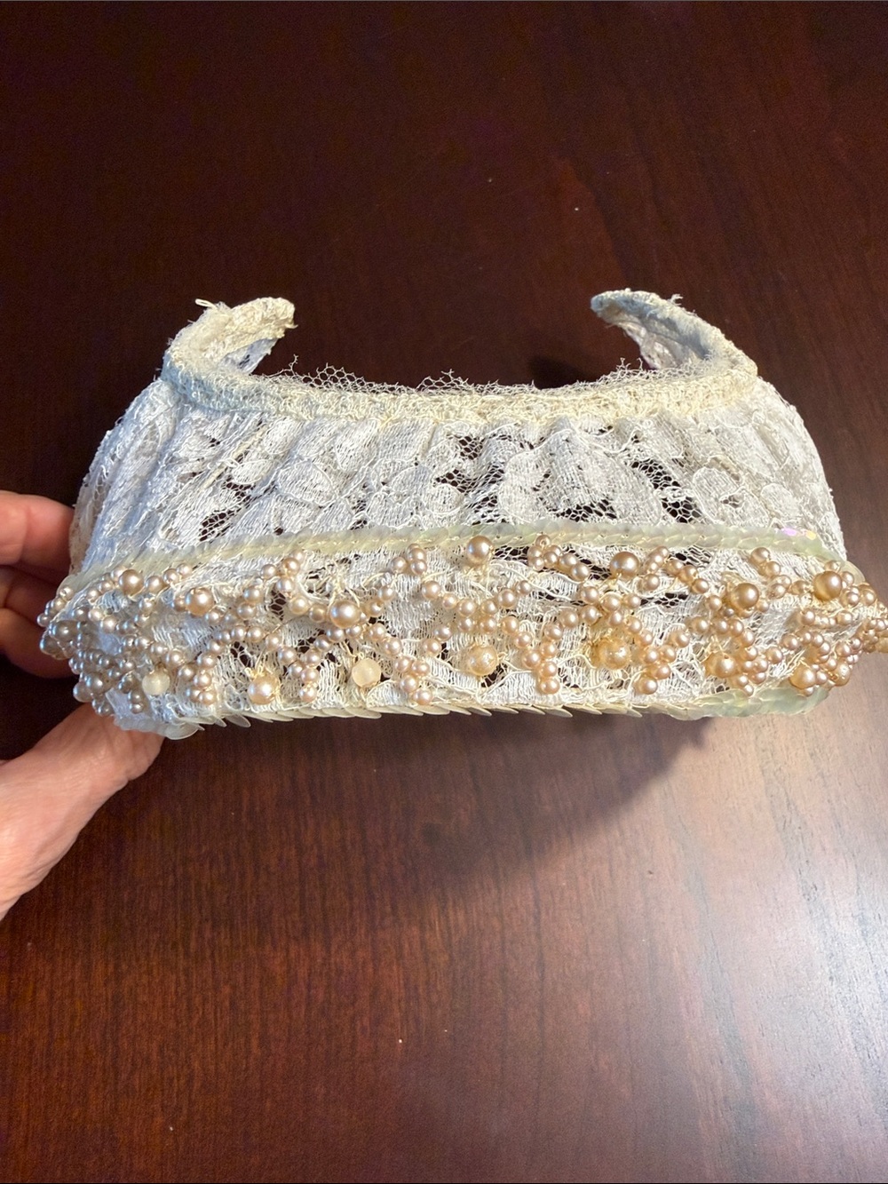 50’s Ivory Lace Bridal Headband with Faux Pearls & Sequins - Picture 5 of 13